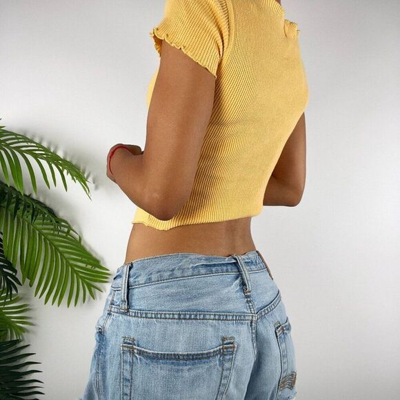 Womens Vintage Y2K Style Yellow Casual Short Sleeve Ribbed Ruched Crop Top / S - Picture 2 of 7
